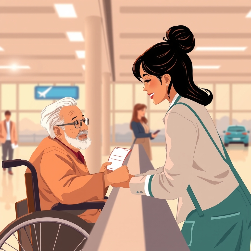 Illustration of an airline agent handing a boarding pass to a seated passenger in a wheelchair at a check-in counter.
