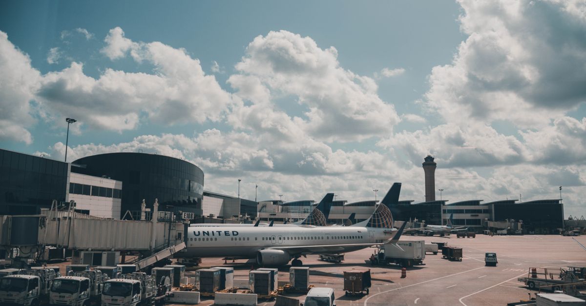 An airplane at an airport.