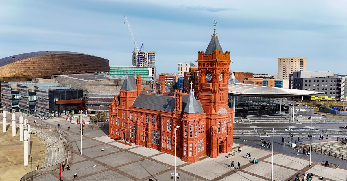 Stunning aerial view of the historic red brick Pierhead Building in Cardiff Bay, Wales, United Kingdom.